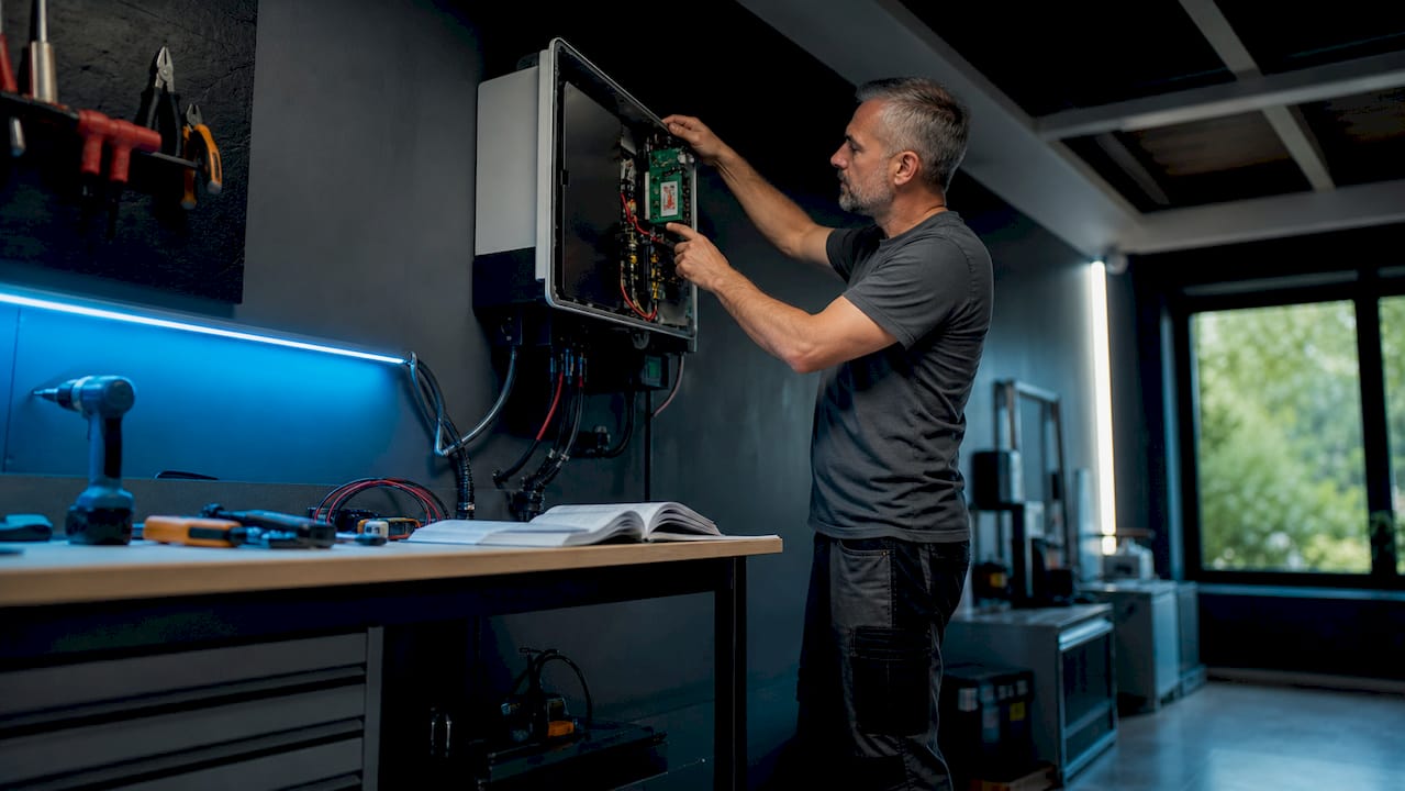 Een monteur voert een inspectie uit aan een hybride omvormer in de werkplaats.