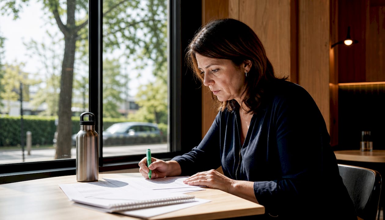 Een vrouw zit aan haar bureau en bekijkt de documenten over de Vlaamse subsidie voor zonnepanelen zorgvuldig.