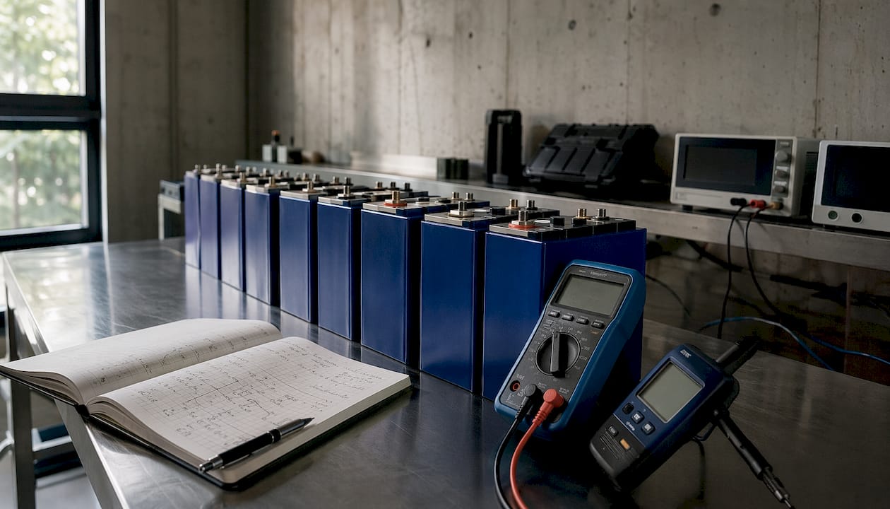 Vue détaillée de cellules de batterie au lithium-fer-phosphate accompagnées de leurs instruments de mesure
