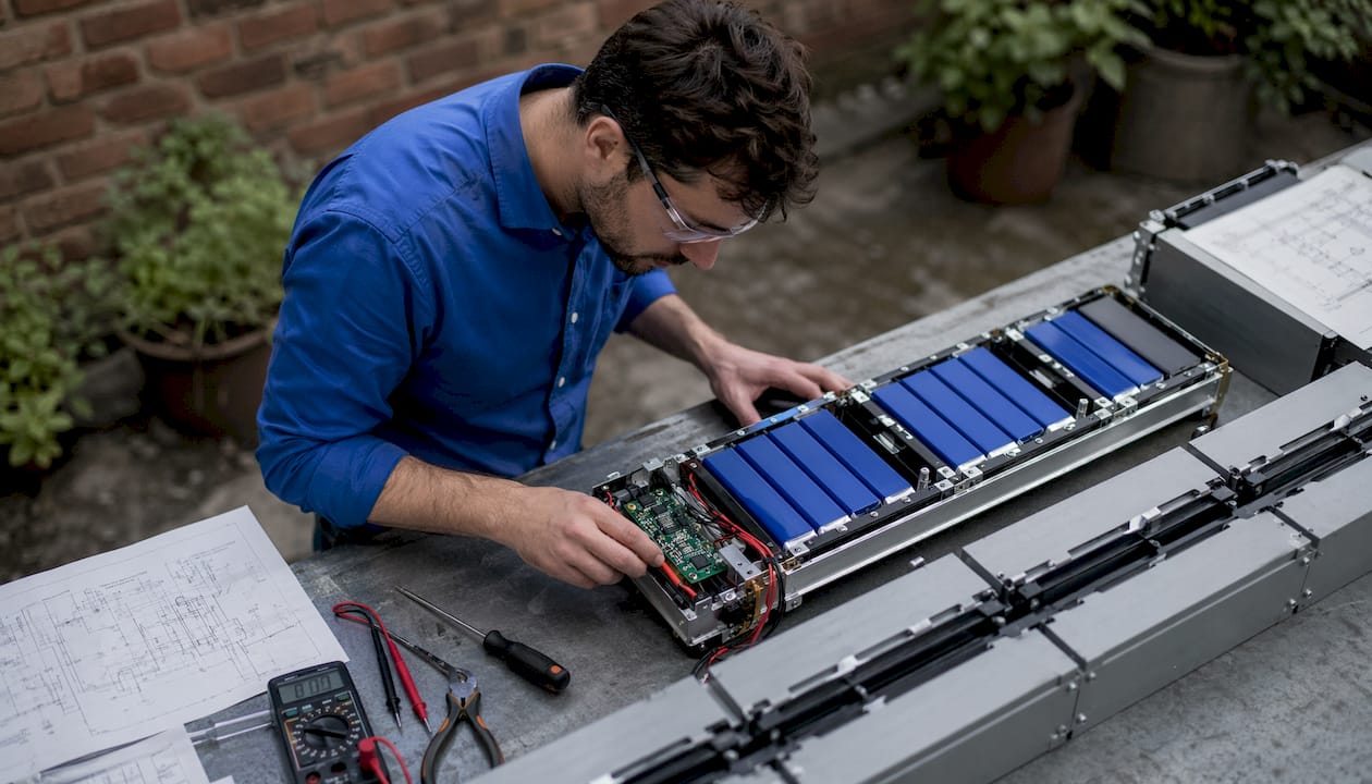 Un ingénieur procède à l’examen d’un système de stockage d’énergie modulaire.