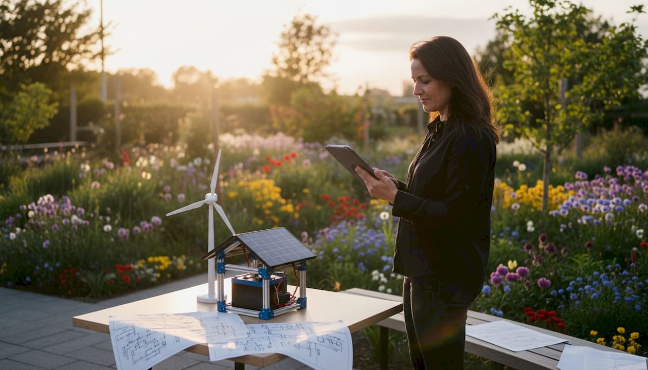 Une ingénieure en énergie consulte sa tablette dans la cuisine.