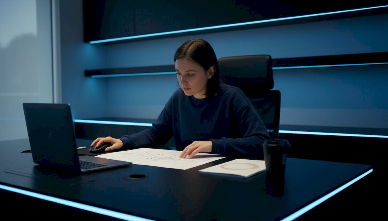Engineer working on RESTful API network diagram