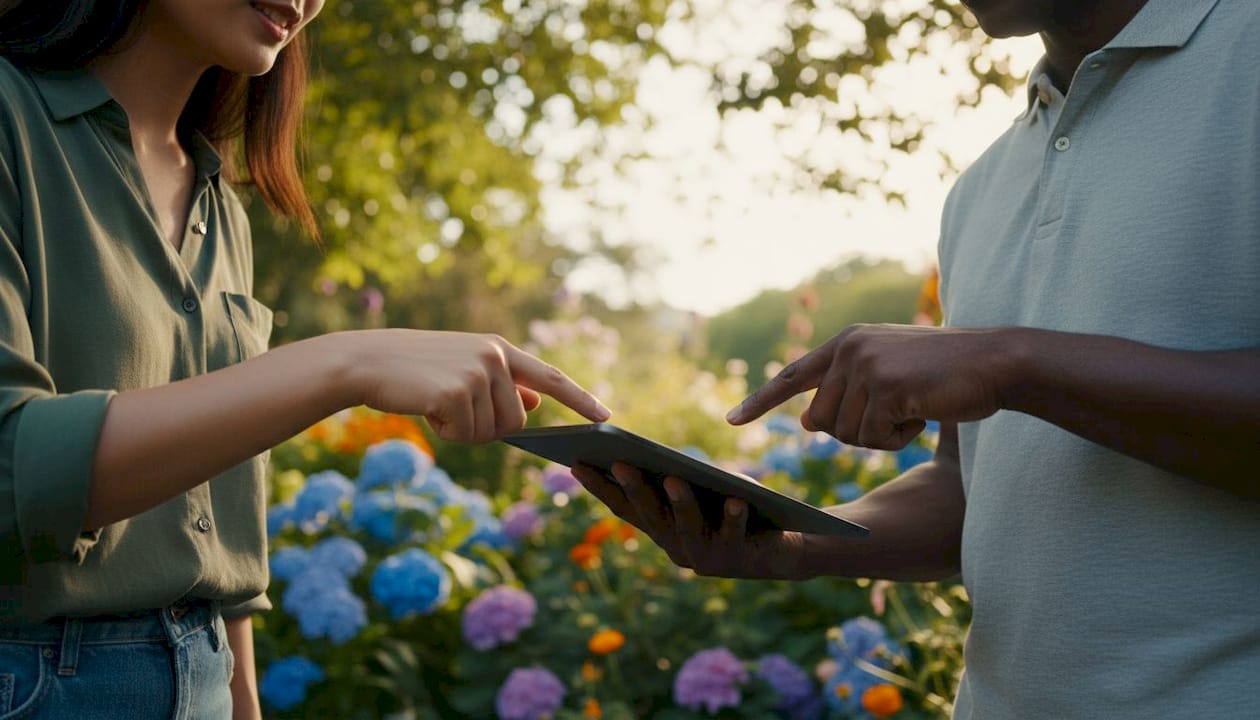 Hands interacting with energy management tablet