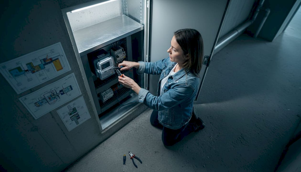Vrouw plaatst slimme meter in de meterkast
