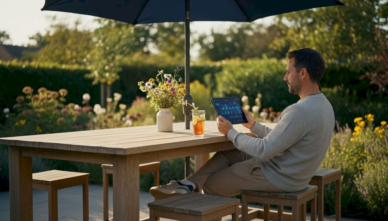 Thuis houdt een man zijn energieverbruik bij op een tablet.