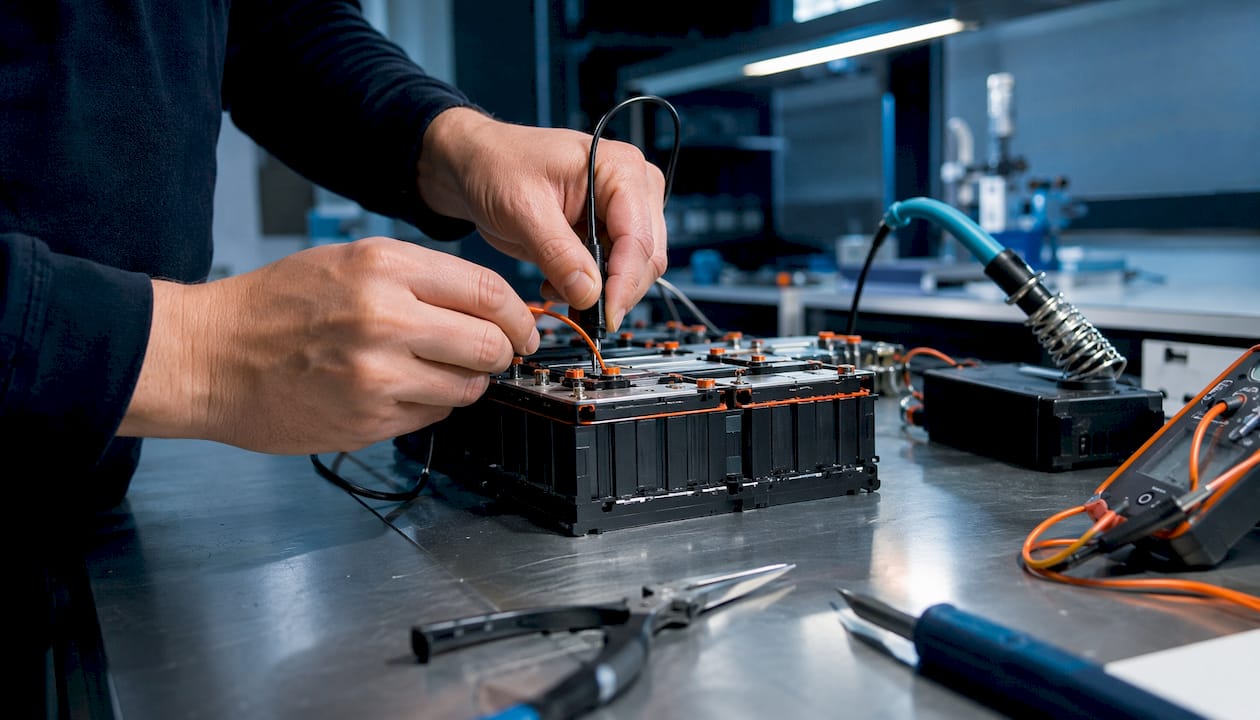 Hands assembling graphene battery prototype on bench