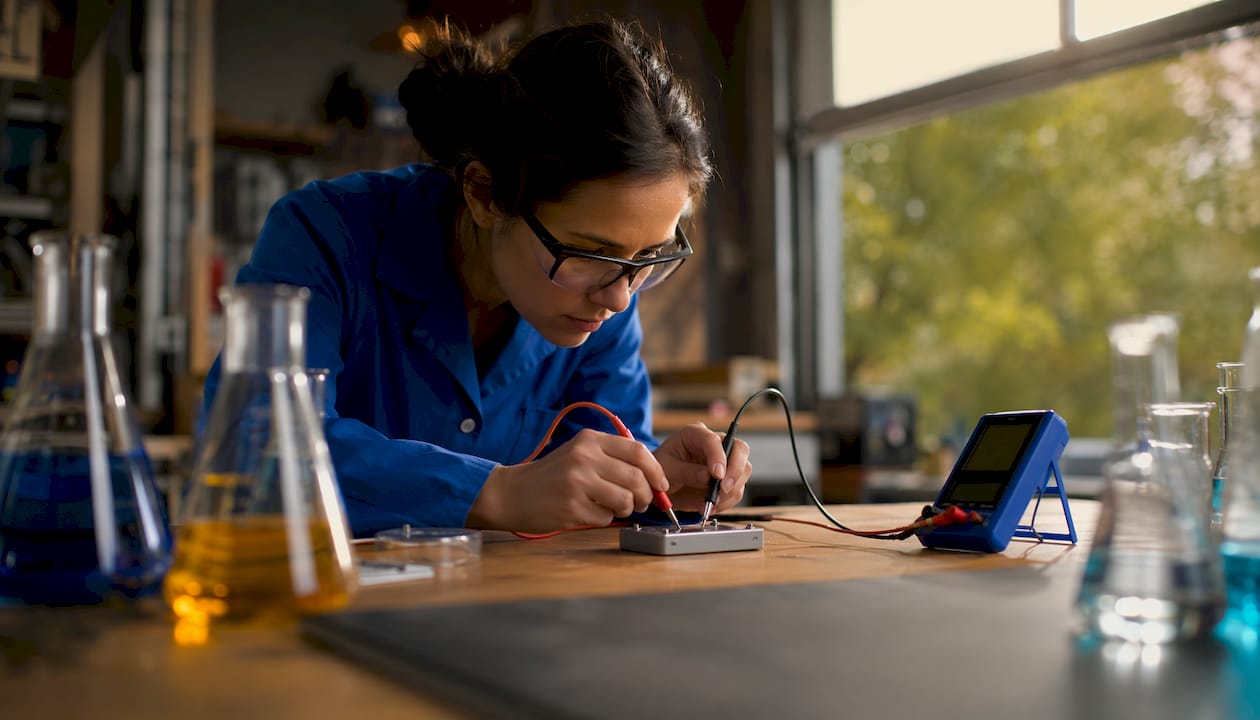 Scientist testing lithium-ion battery cell in lab
