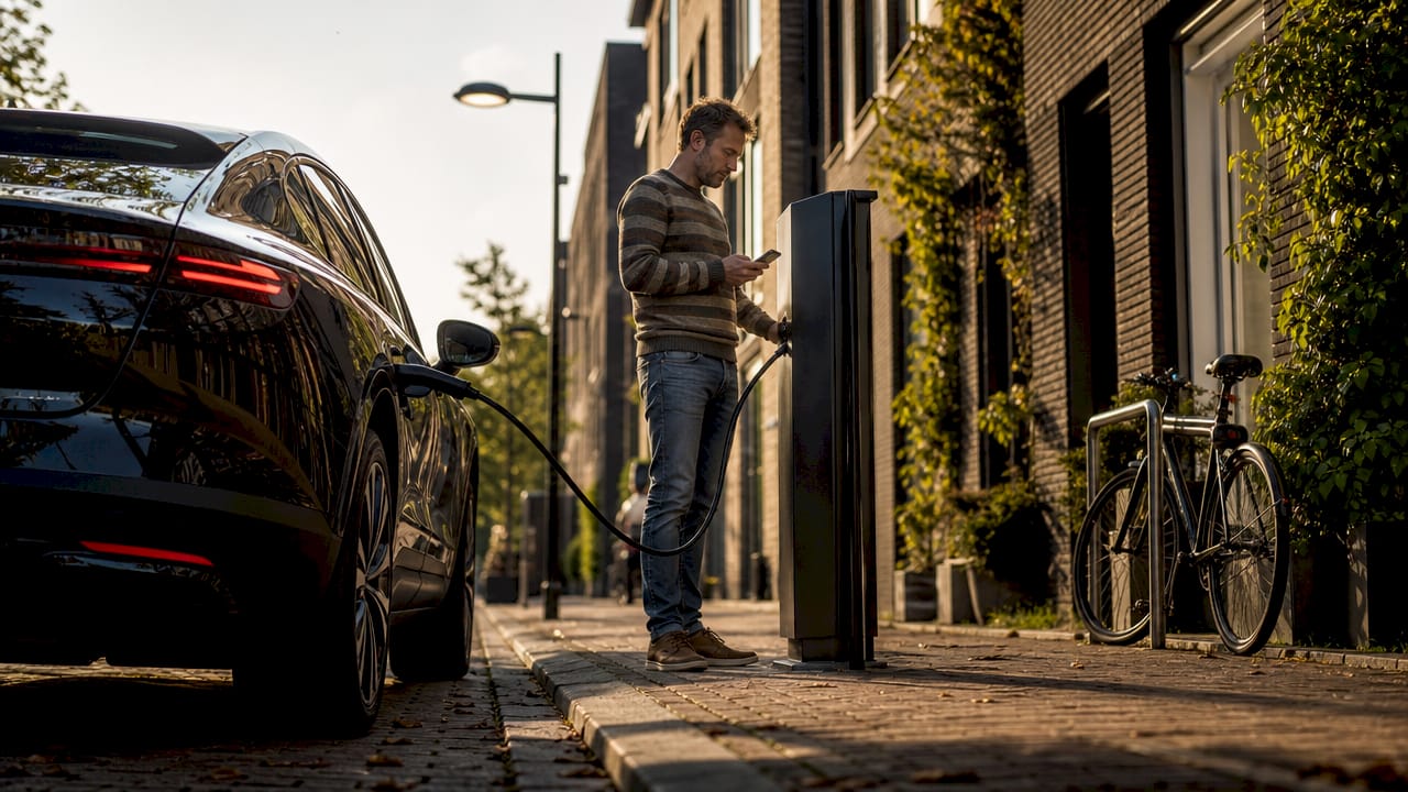 Een man gebruikt een bidirectionele laadpaal bij zijn elektrische auto.