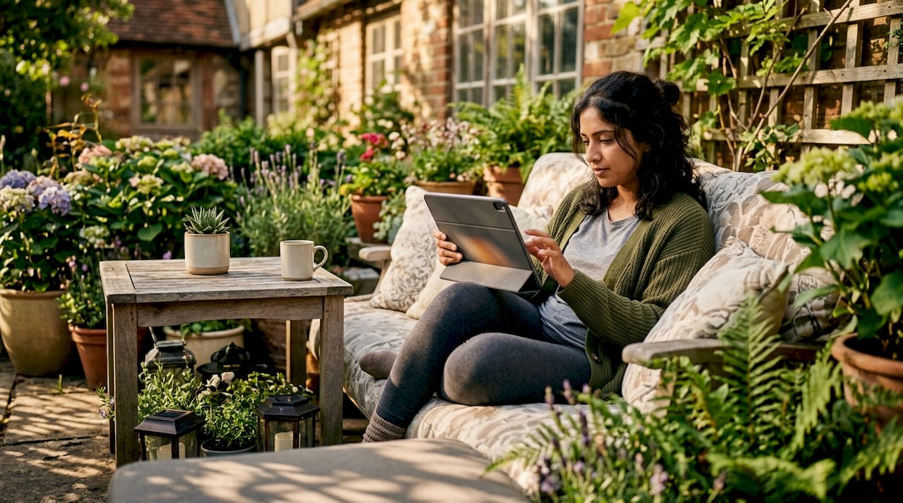 Woman using smartphone to control smart home