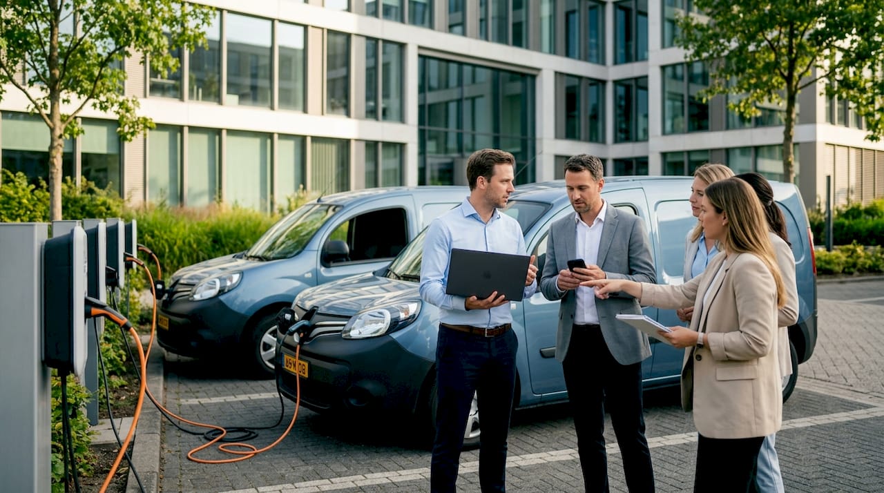 Een zakelijk team overlegt over de mogelijkheden van laadpunten voor elektrische bedrijfswagens.