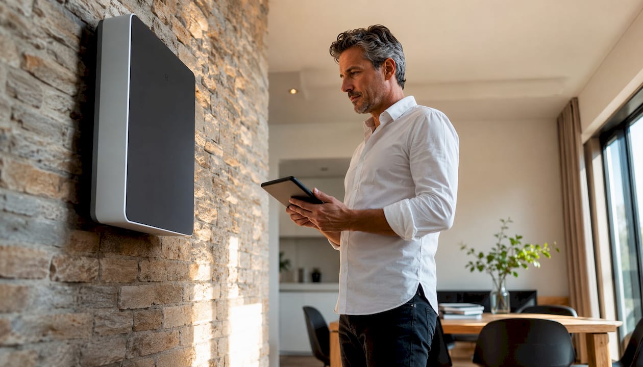 Een man gebruikt EMS-apparatuur in zijn moderne woonkamer.