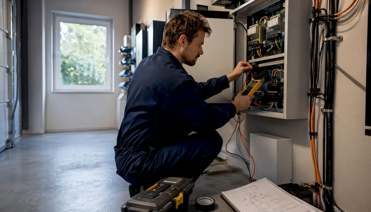 Een monteur controleert de EMS-bekabeling in de technische ruimte.