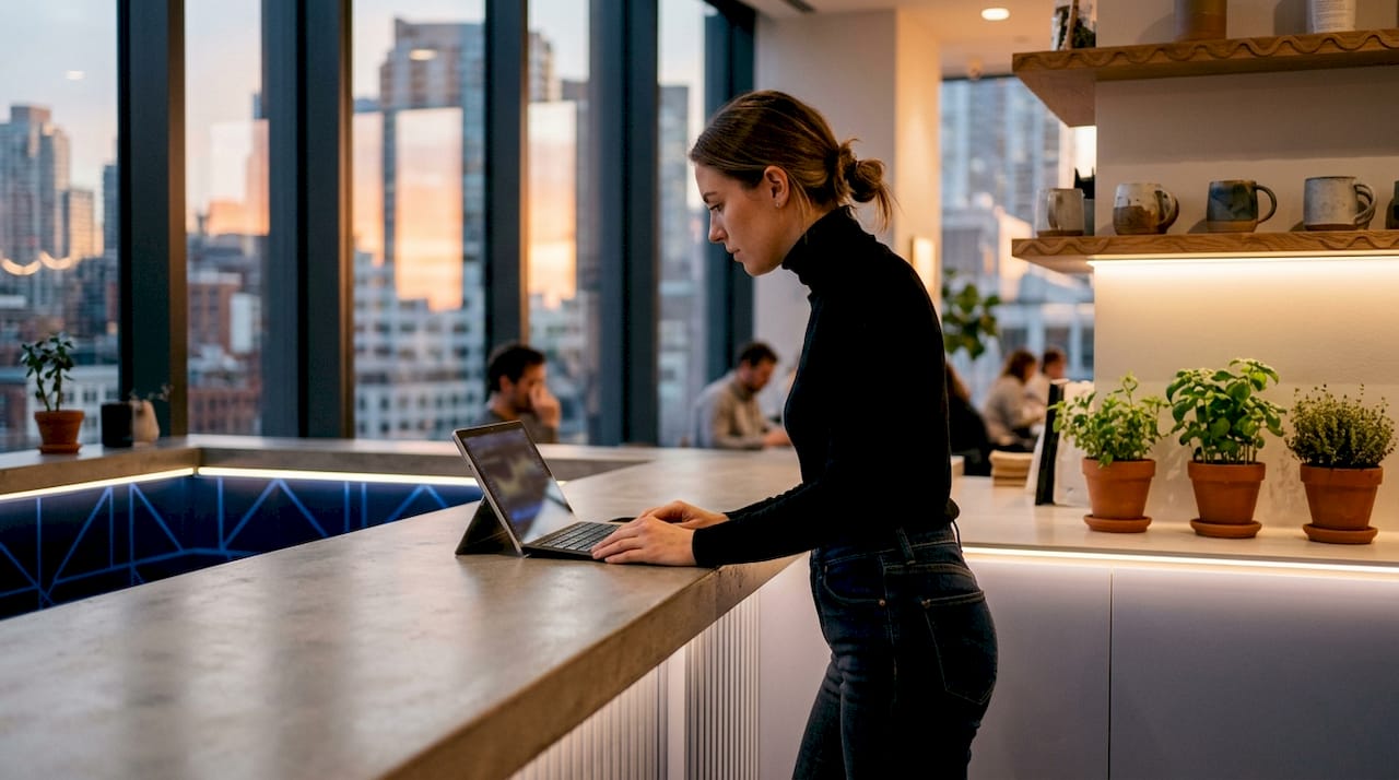 Female energy trader at home desk with monitors