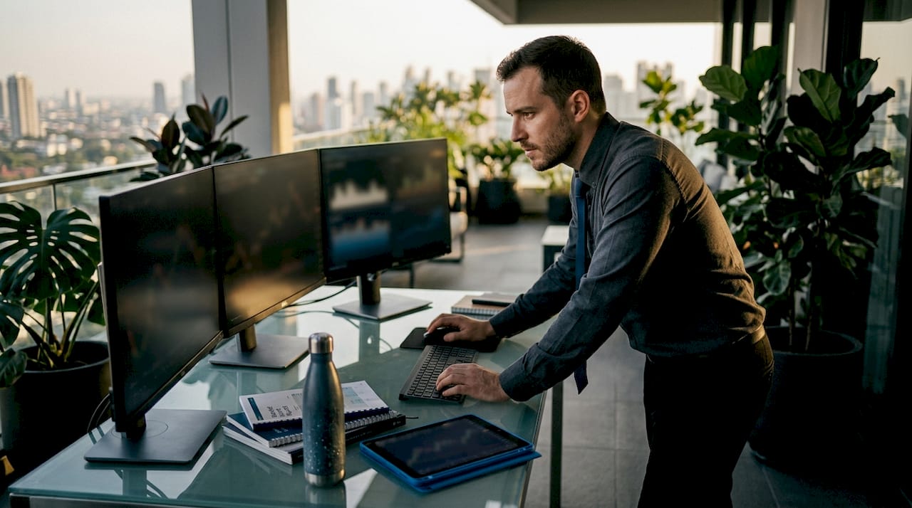 Male energy trader working at trading platform office
