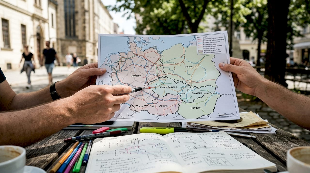 Hands marking Central European energy market map