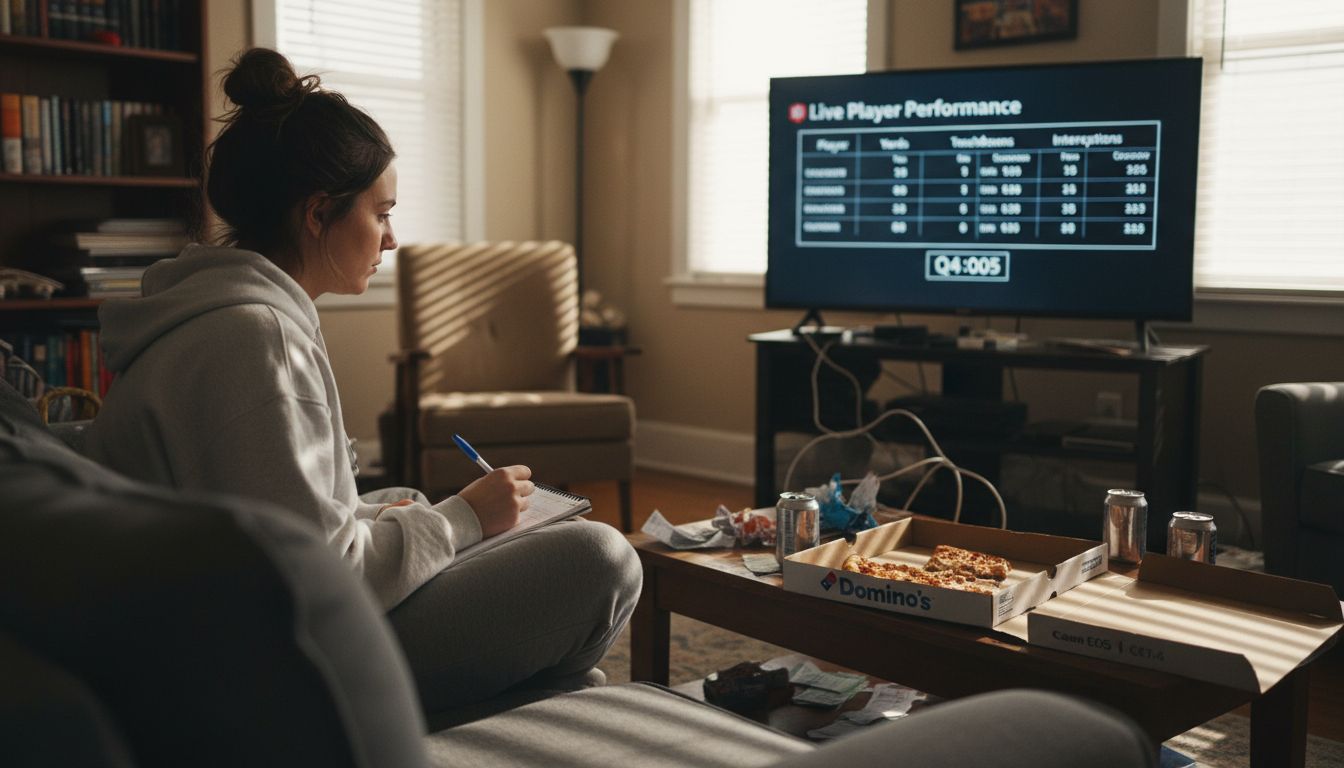 Woman tracking betting stats during live game