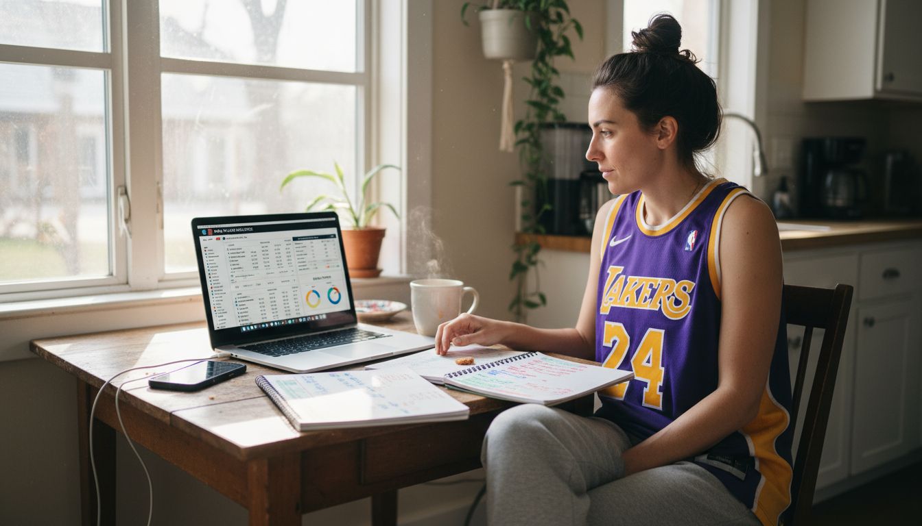 Woman reviewing basketball stats at kitchen table