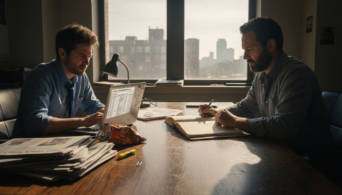 Two bettors comparing data and gut notes