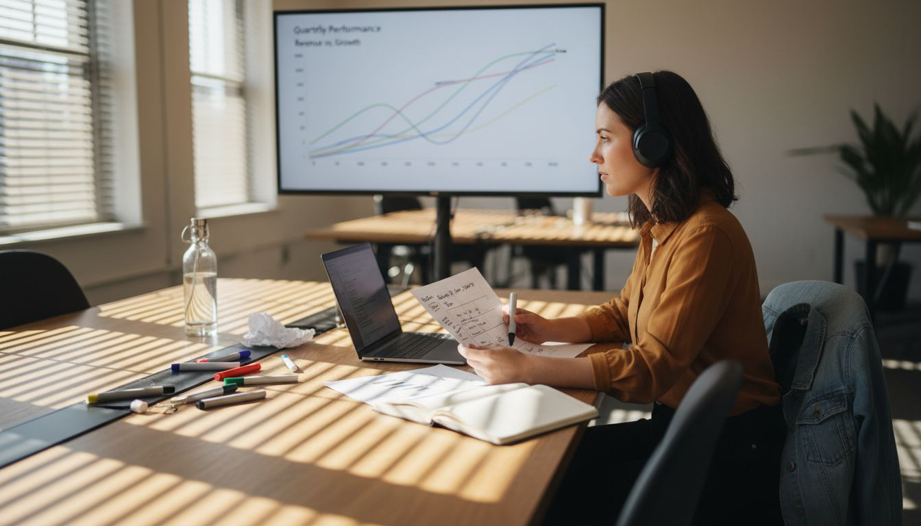 Woman tracking betting market shifts on display