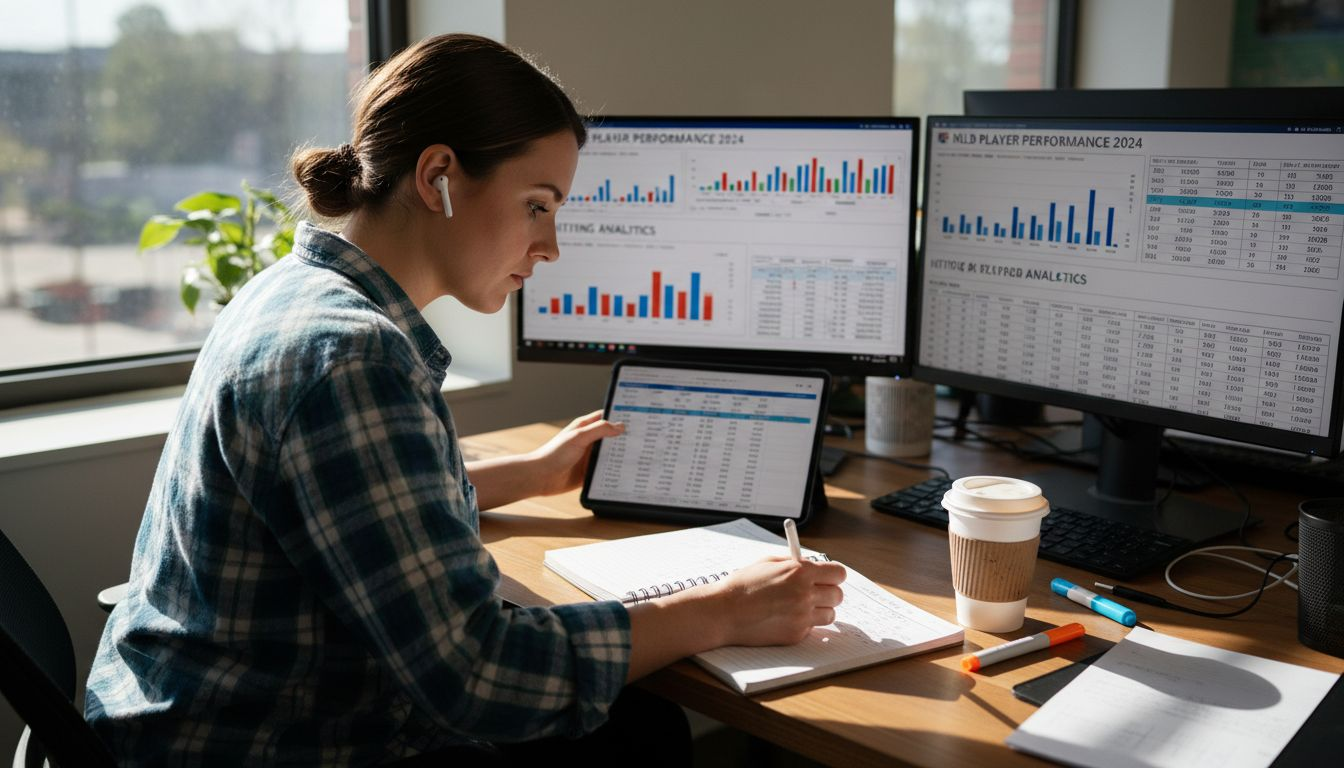 Analyst entering prop betting stats at desk