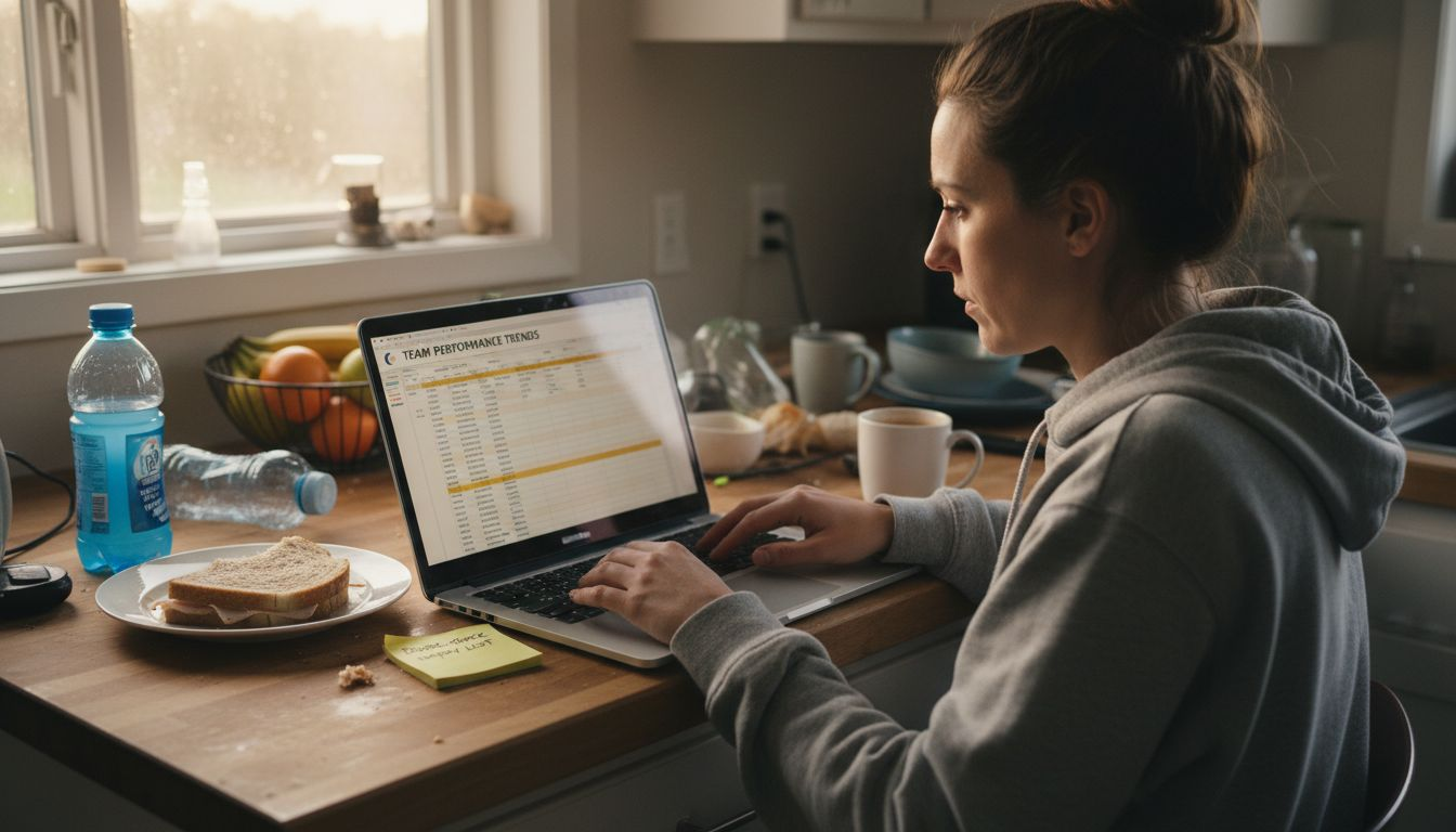 Woman checking team stats spreadsheet laptop