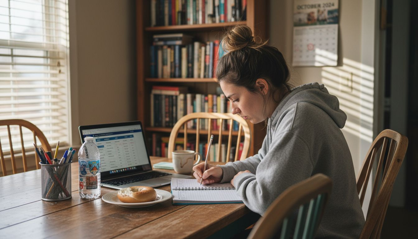 Woman tracking betting stats at kitchen table