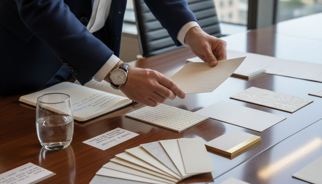 Manager comparing business card material samples
