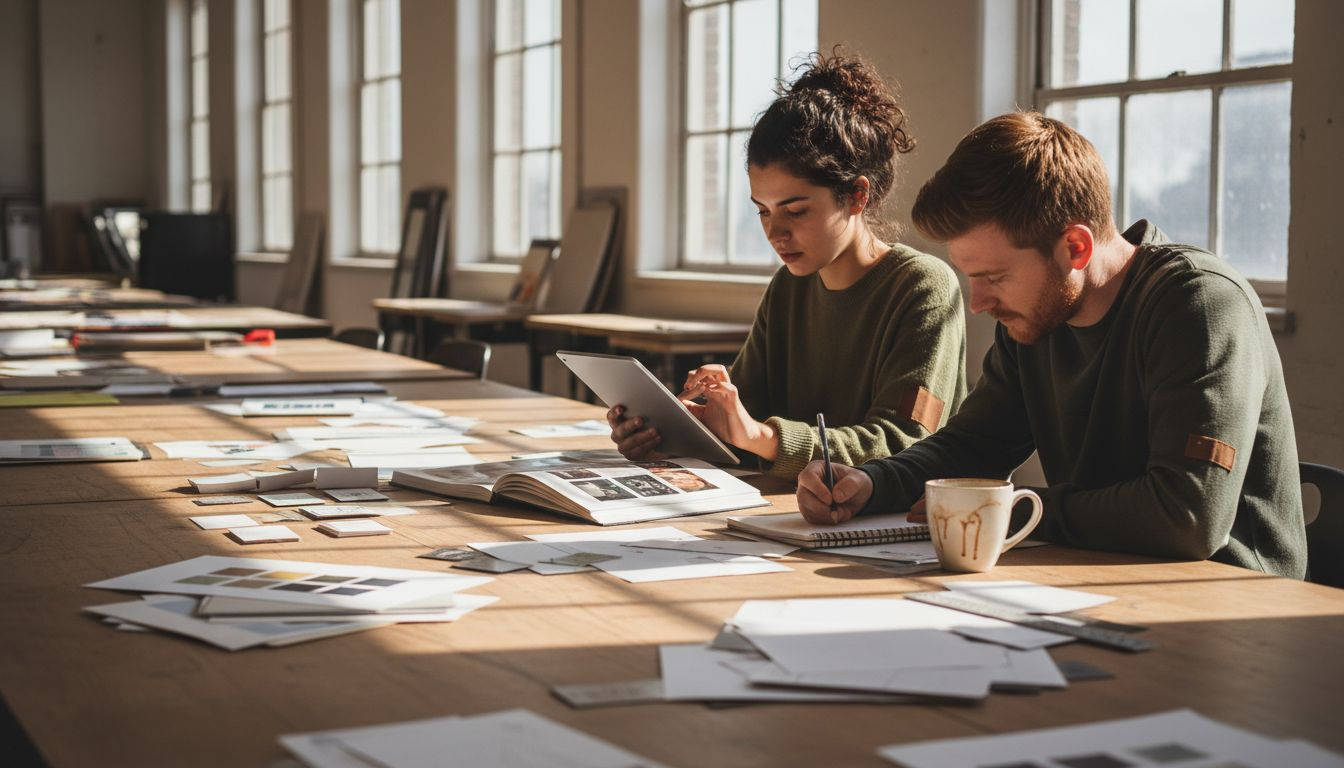 Designers reviewing business card samples at desk