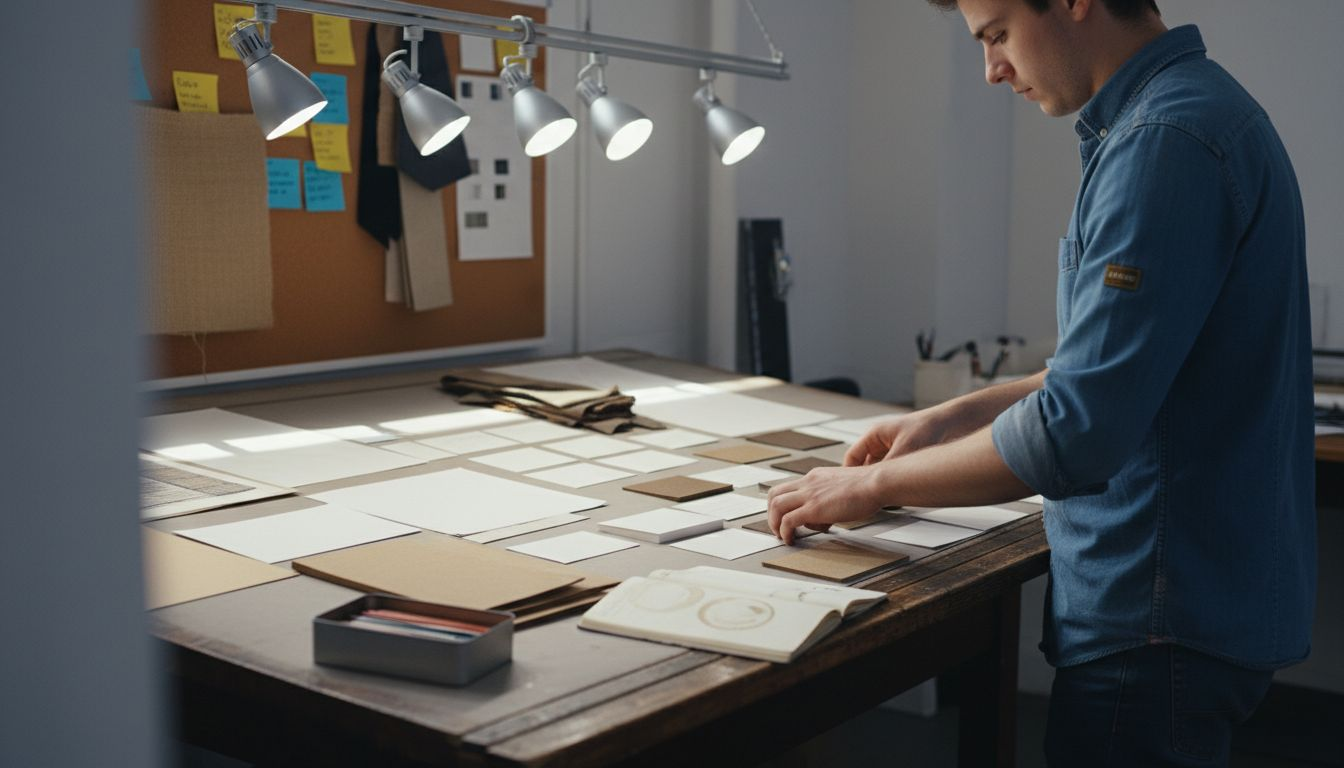 Designer sorting premium card materials at studio