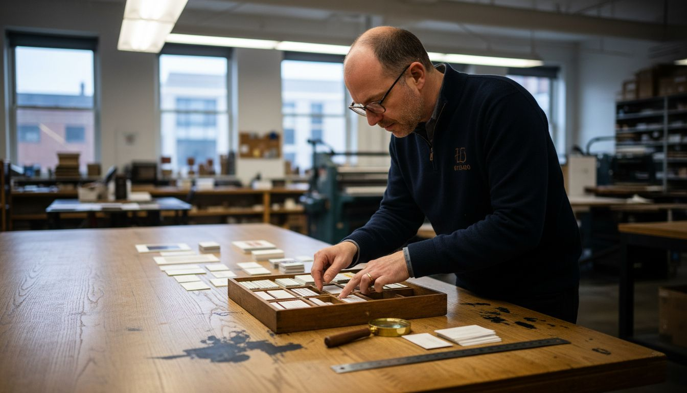 Director inspecting printed card proofs