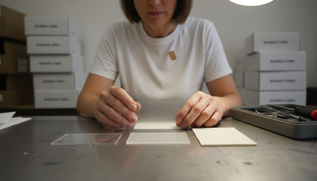 Technician comparing clear, frosted, paper cards