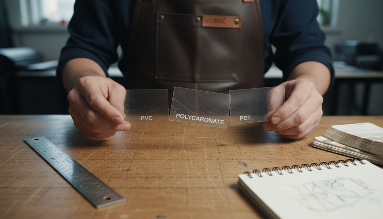 Manager comparing plastic card material samples