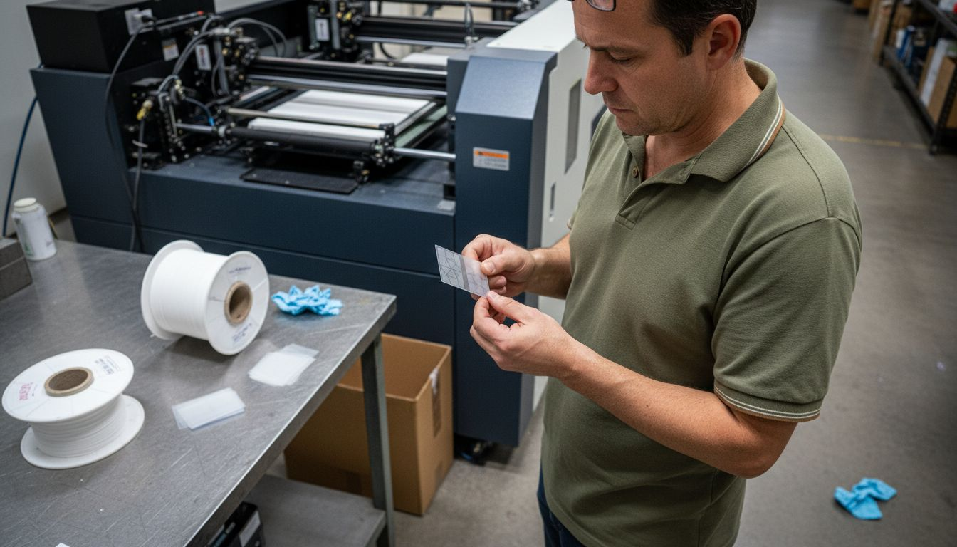 Technician inspects plastic card printing process