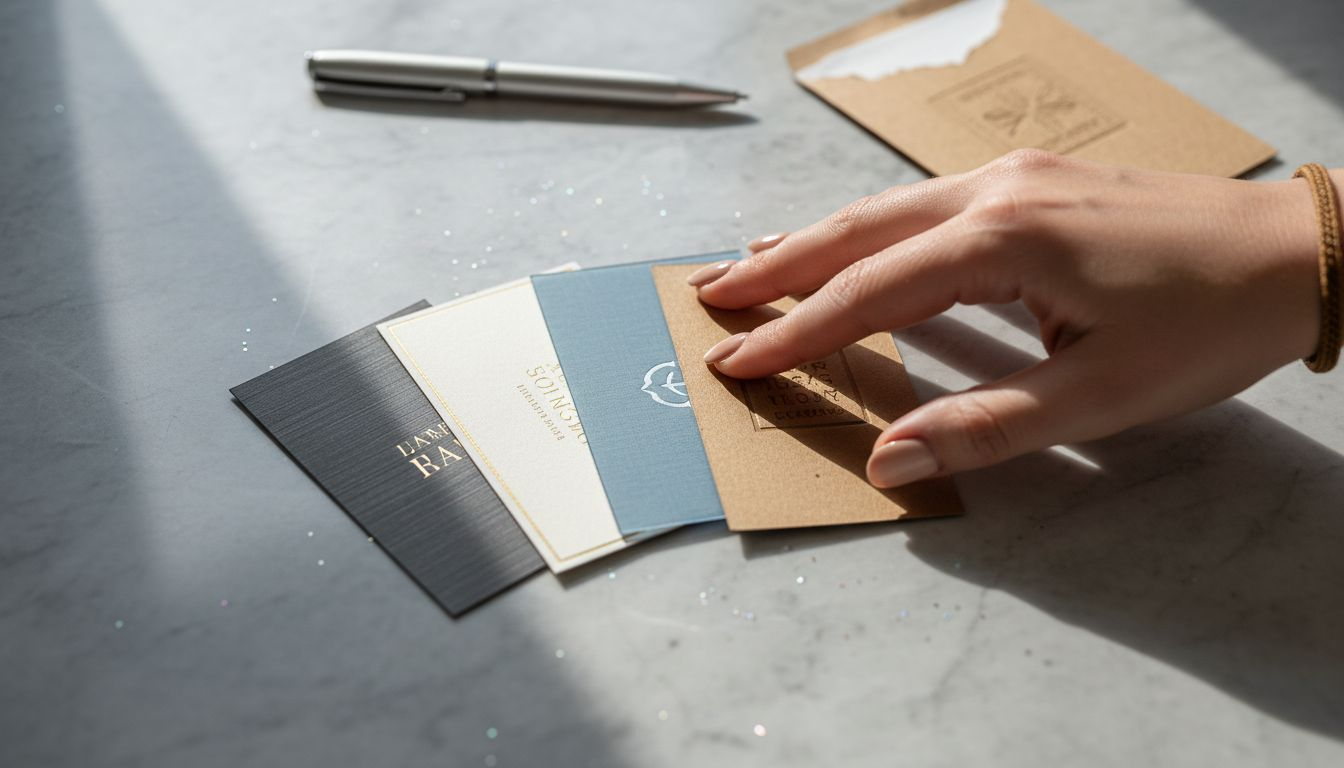 Hand examining tactile business card material