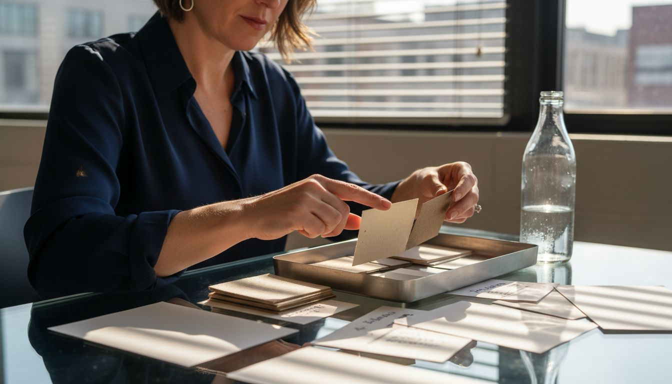 Consultant reviewing business card material swatches