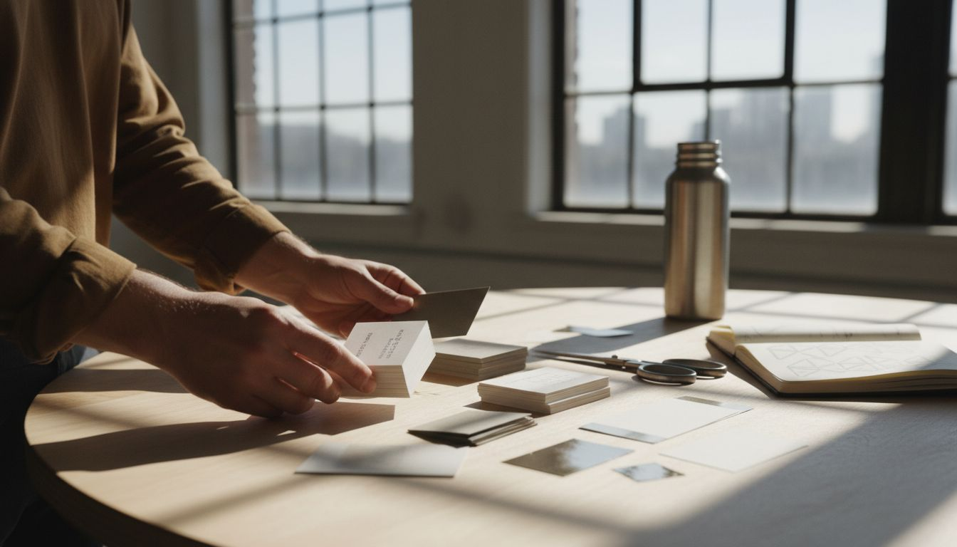 Designer examines premium card stock samples