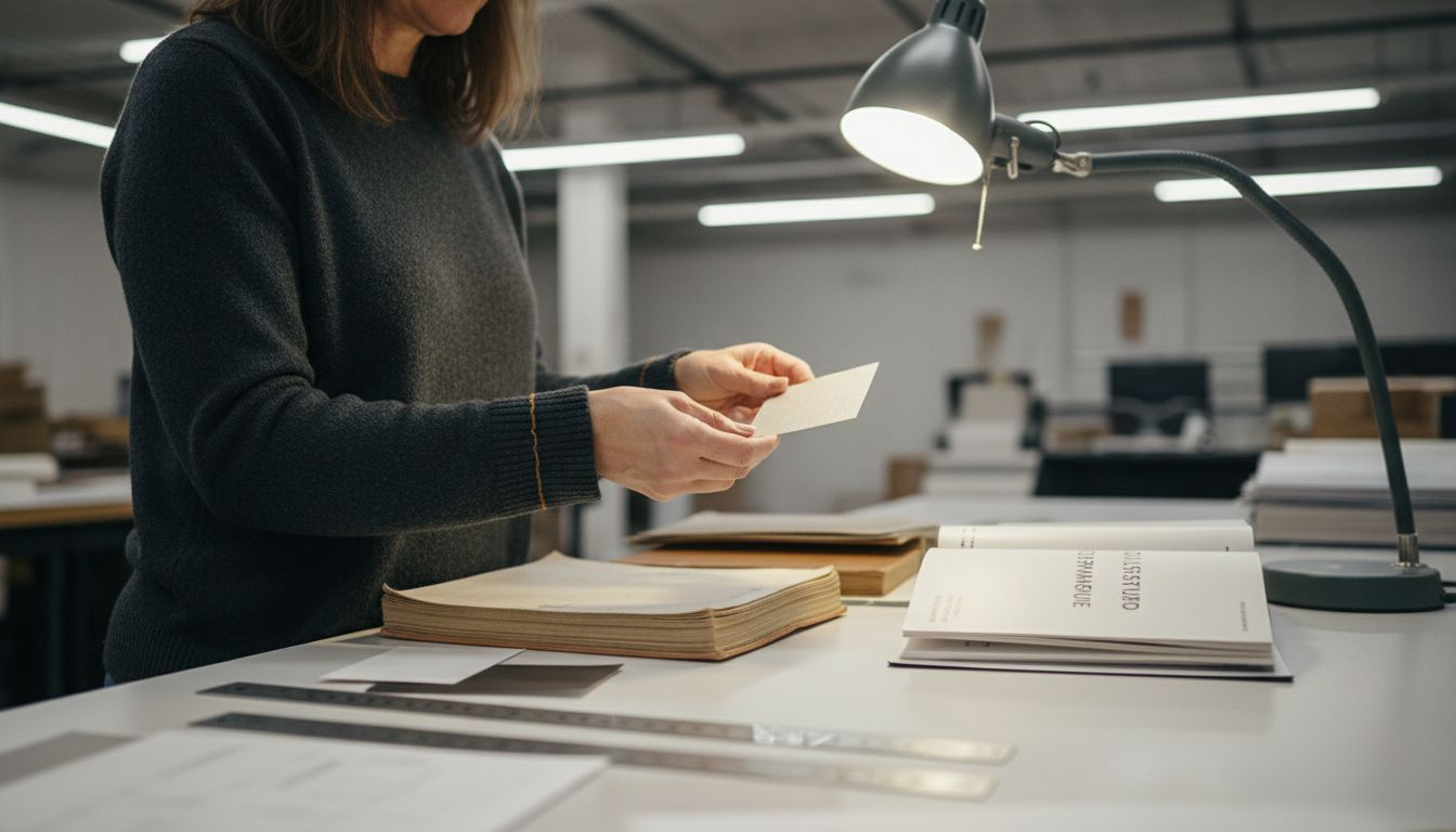 Consultant examining business card paper options