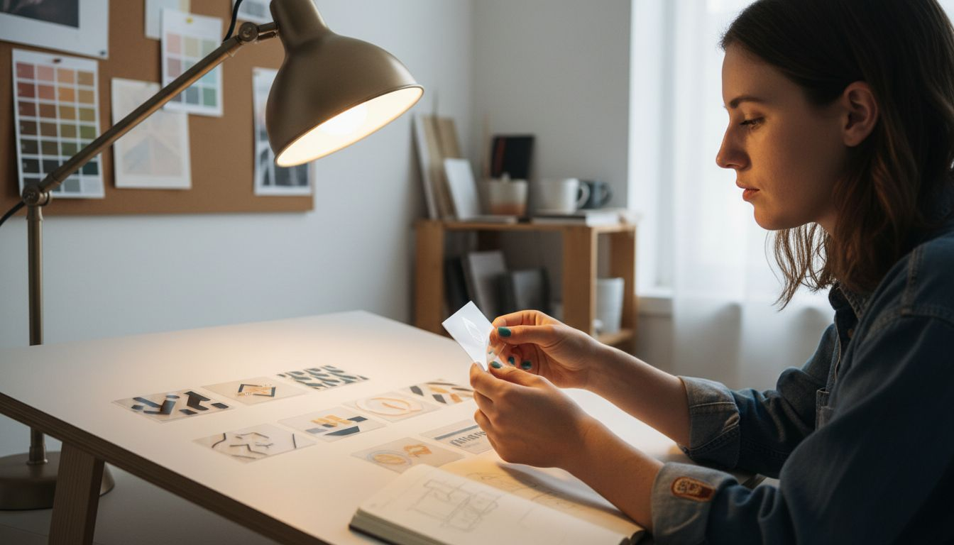 Designer reviews transparent card details in studio