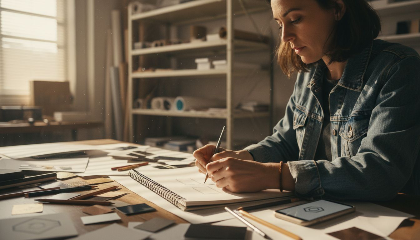 Designer sketching initial business card ideas at desk