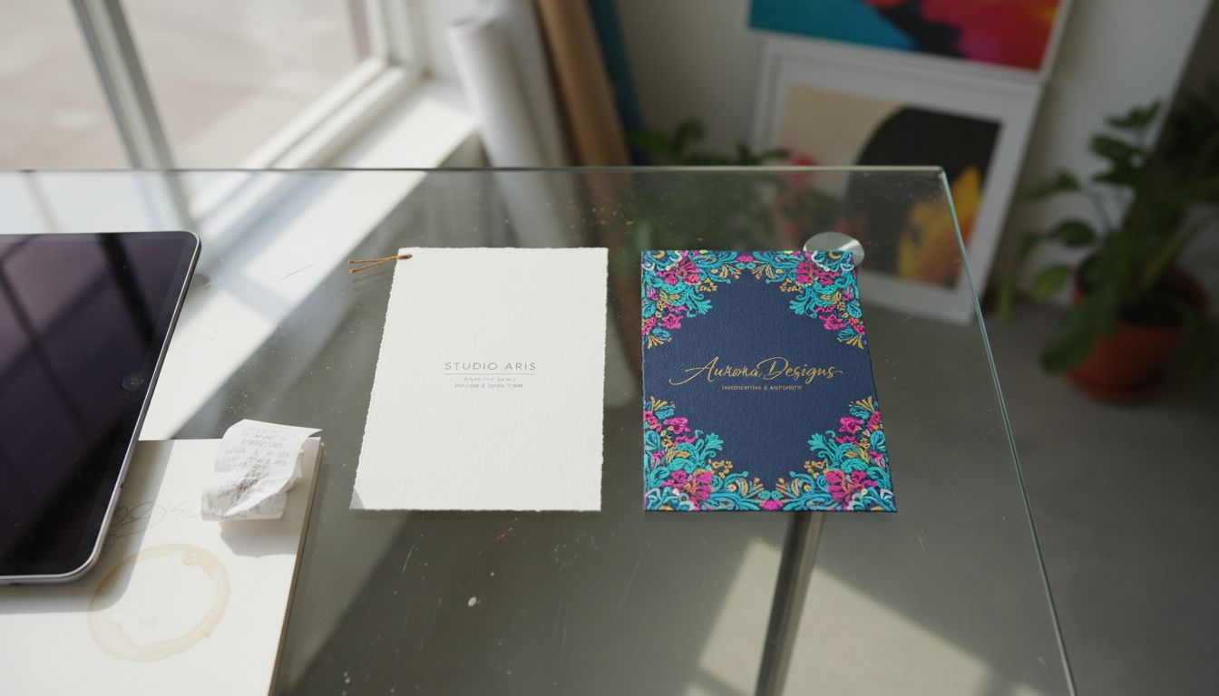 Minimalist and maximalist business cards contrasted