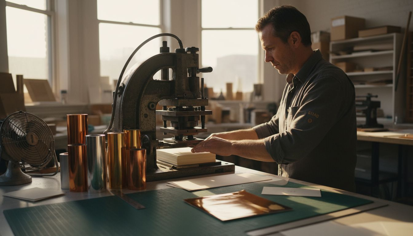Technician preparing foil embossing for invitations