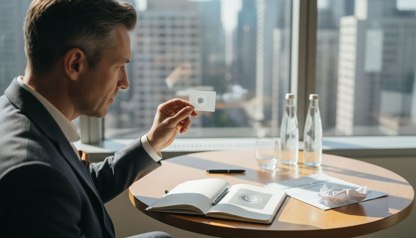 Branding expert inspecting translucent card