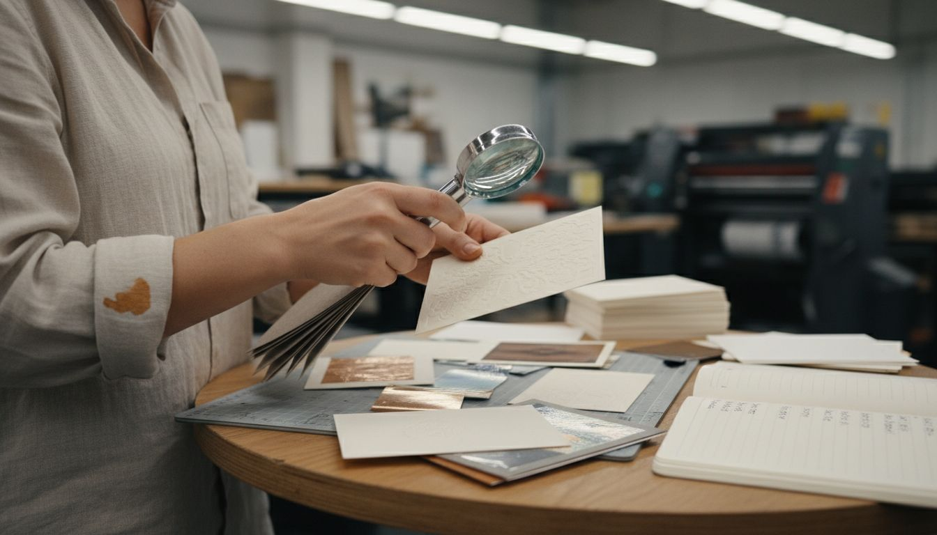 Specialist reviewing luxury card material swatches