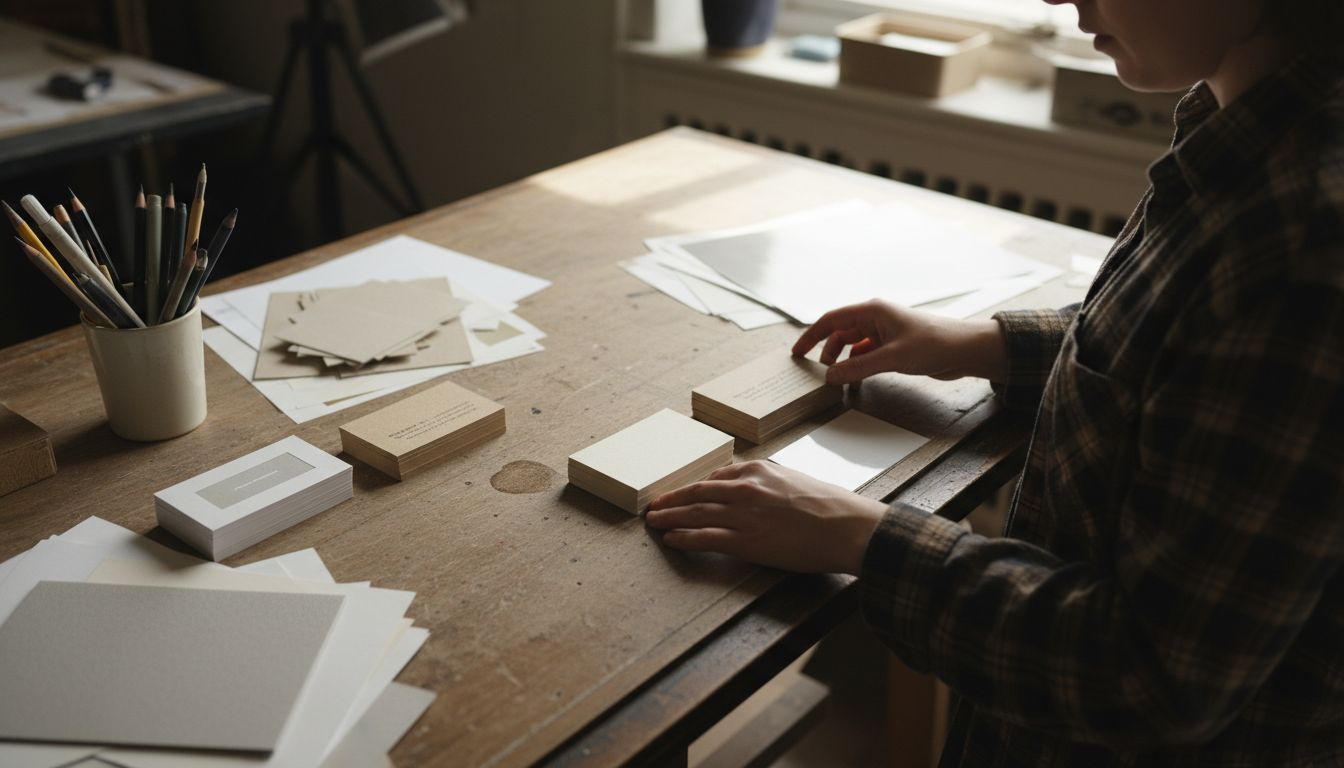 Designer sorting varied business card materials
