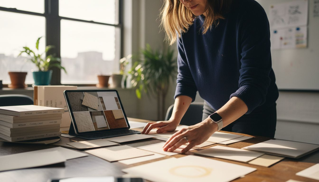 Person selecting business card material samples