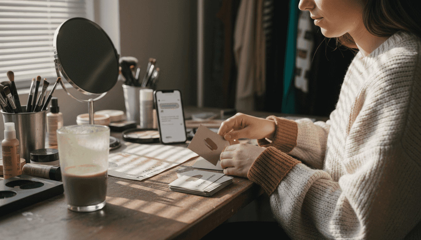 Makeup artist sorting business cards at workbench