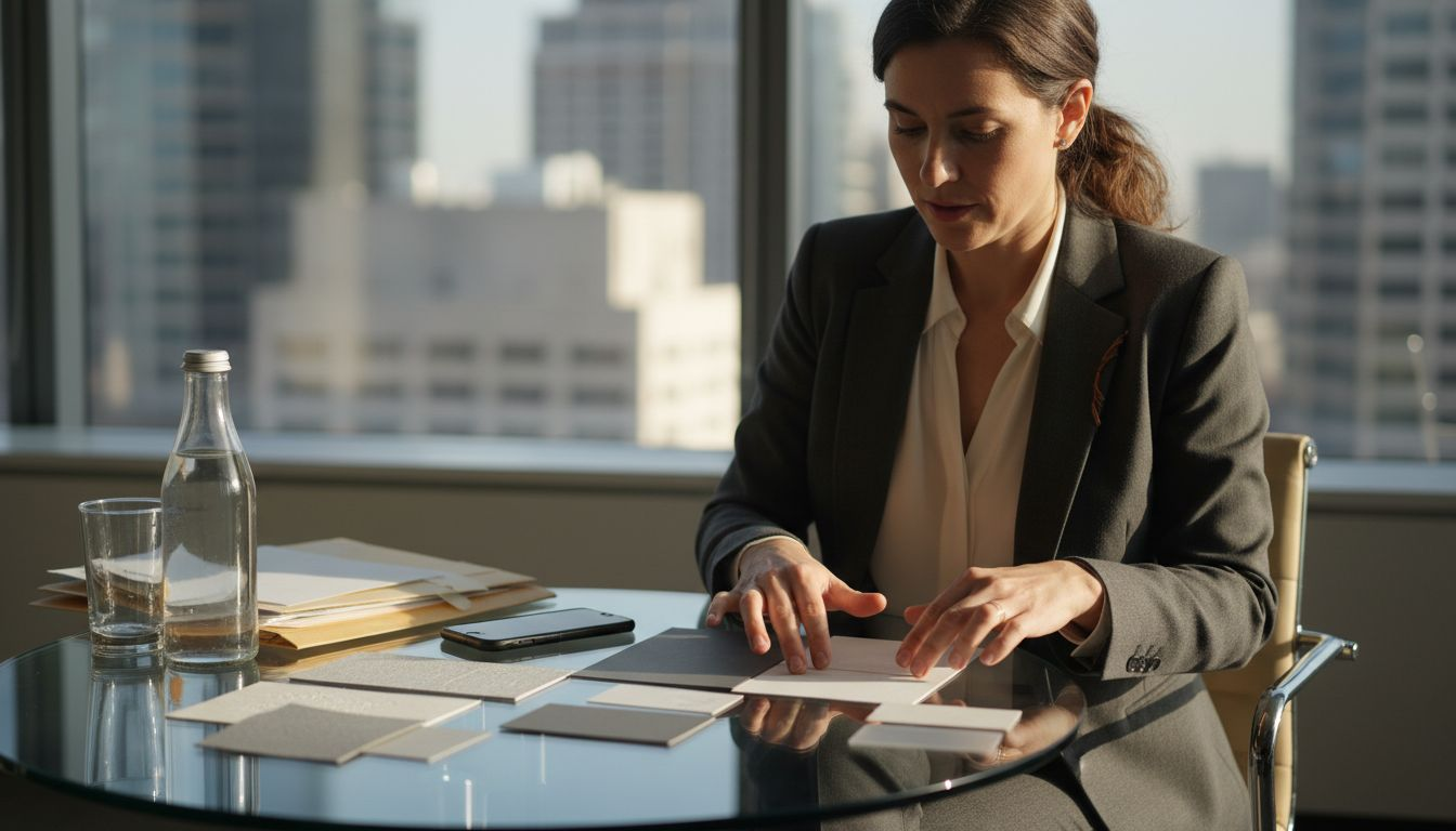 Woman examining card texture and weight tactile