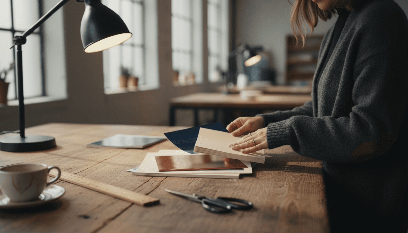 Designer comparing business card material samples