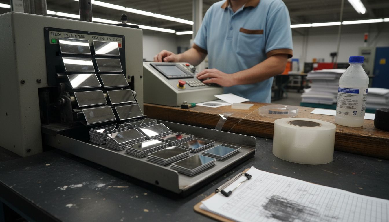 Technician runs mirror card printing press