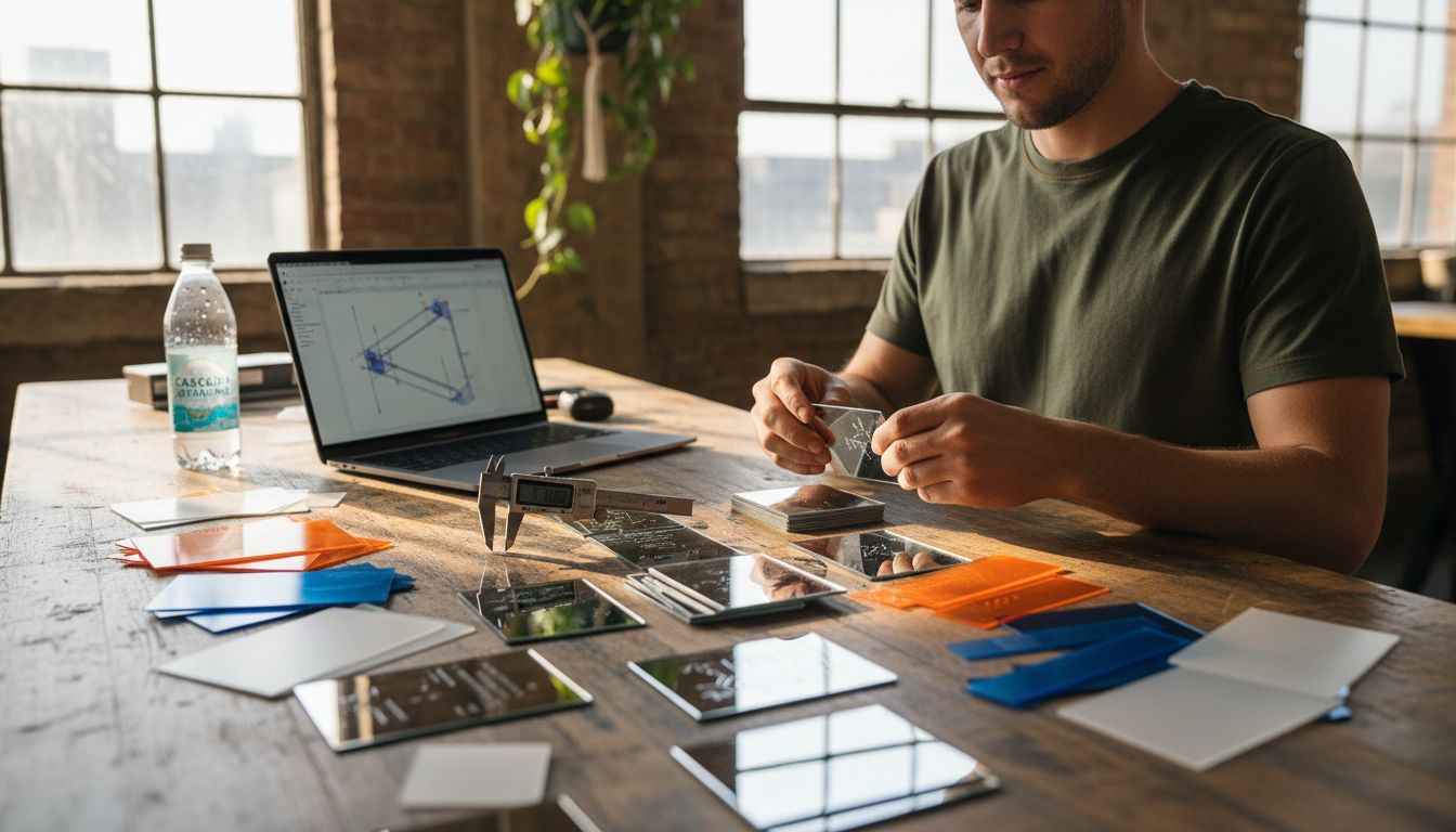 Product designer handling acrylic mirror business cards